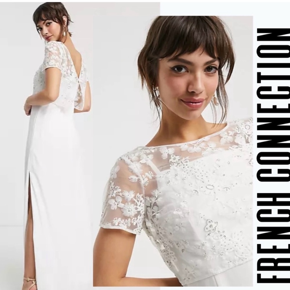 French Connection Size 4 pure white maxi, spaghetti strap dress with slit